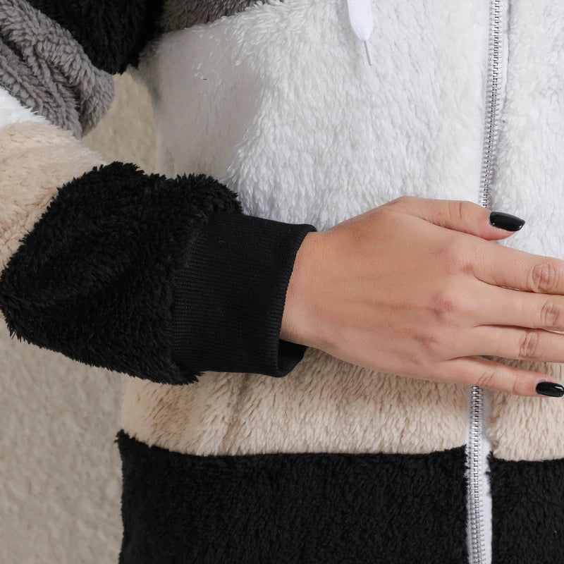 Abrigo con capucha y cremallera para mujer, felpa con costuras a cuadros