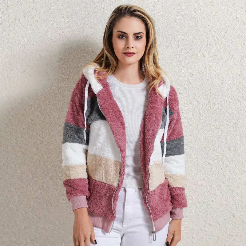 Abrigo con capucha y cremallera para mujer, felpa con costuras a cuadros