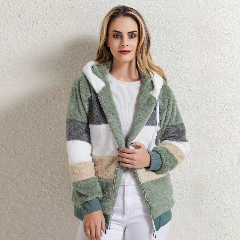 Abrigo con capucha y cremallera para mujer, felpa con costuras a cuadros