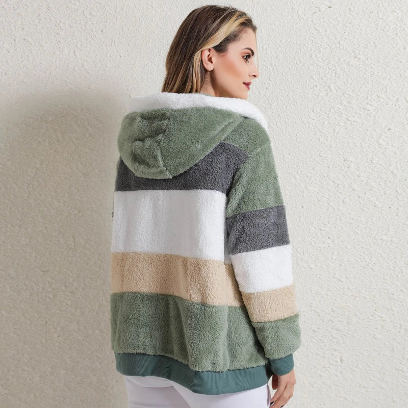Abrigo con capucha y cremallera para mujer, felpa con costuras a cuadros