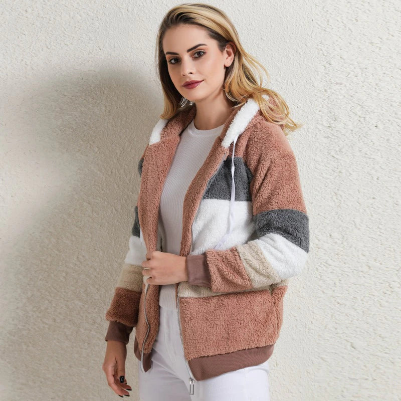 Abrigo con capucha y cremallera para mujer, felpa con costuras a cuadros